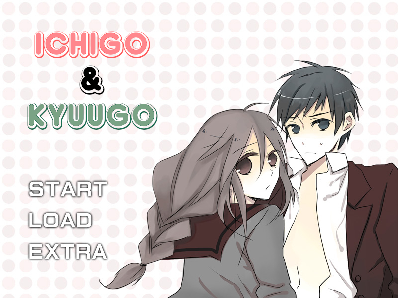 Game title screen, showing Ichigo & Kyuugo logo and the menu options Start, Load, and Extra.
